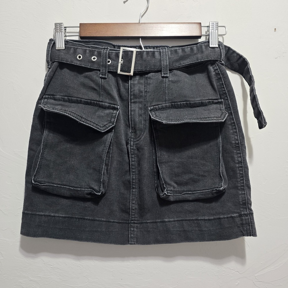 Y2K Grunge Women's Size 3/27 Black Denim Cargo Mini Skirt Belted Utility